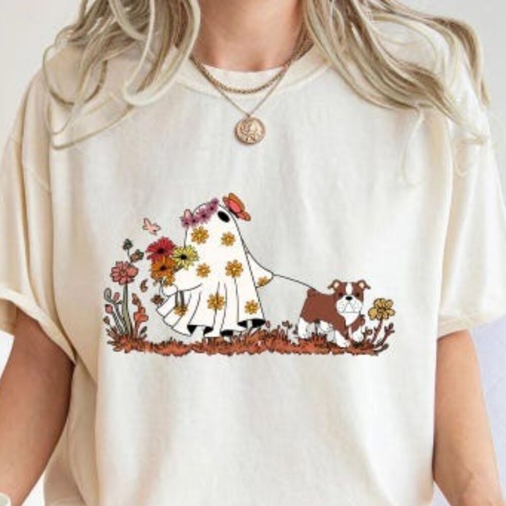 Cute Floral Ghost With Dog Shirt, Dog Mom Shirt